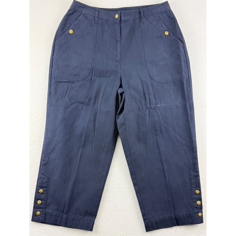 Studio Works Capri Pants Womens 12 Navy Blue Cotton Cropped Snap Button Hem